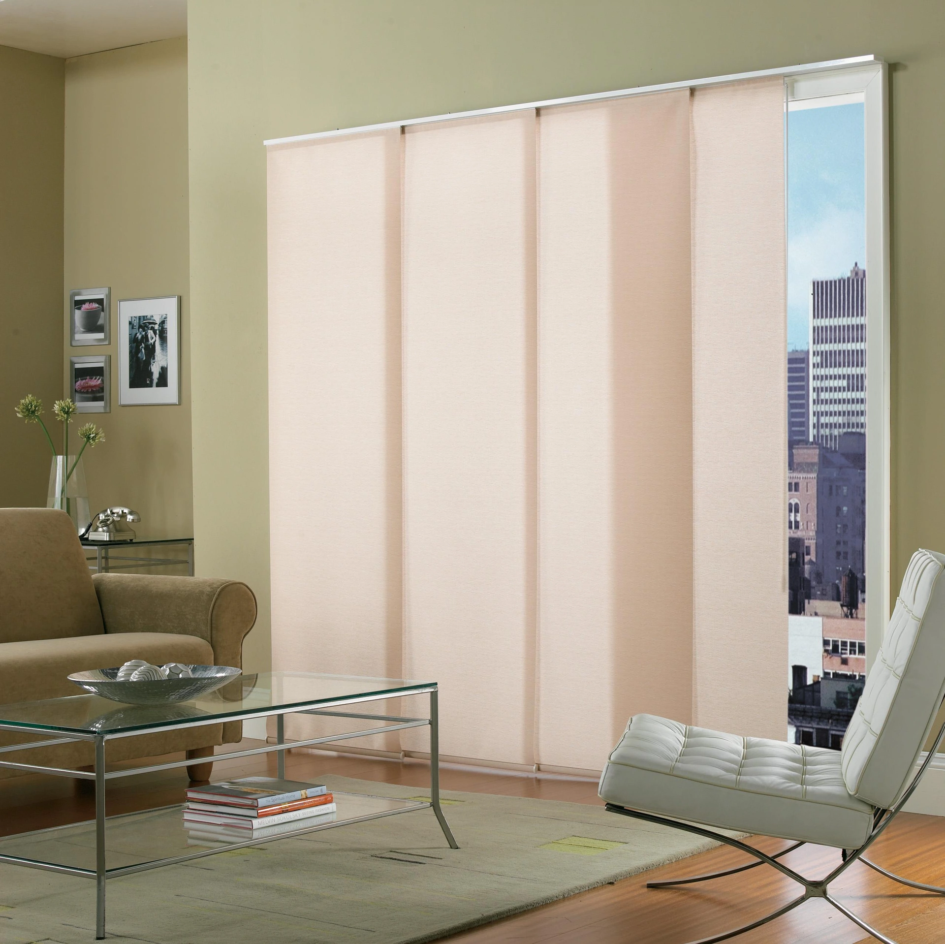 Elite Panel Track Shades supplier example. Panel count, fabric and stack configuration are selected separately.