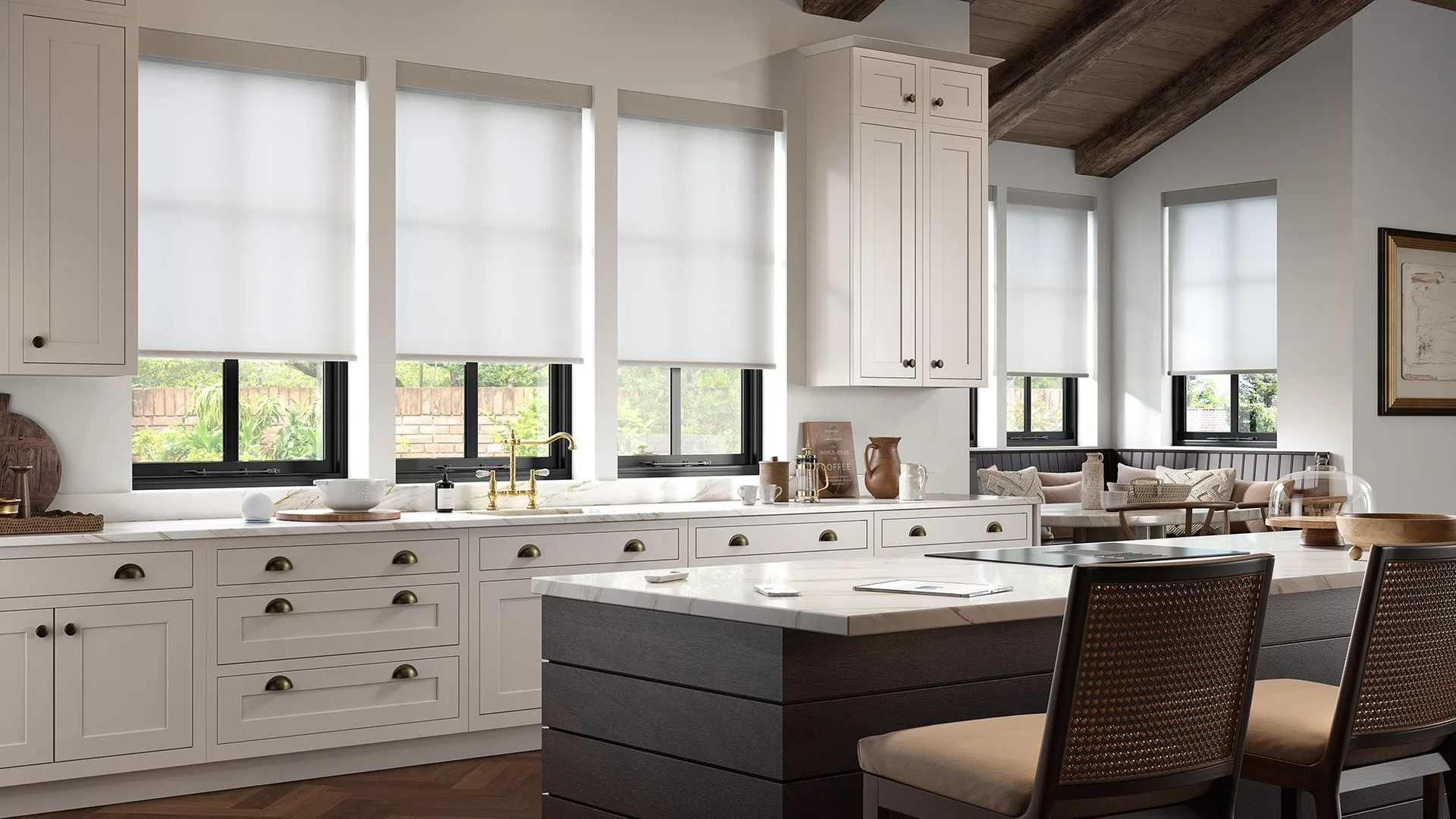 Alta motorized roller shades in a bright kitchen.
