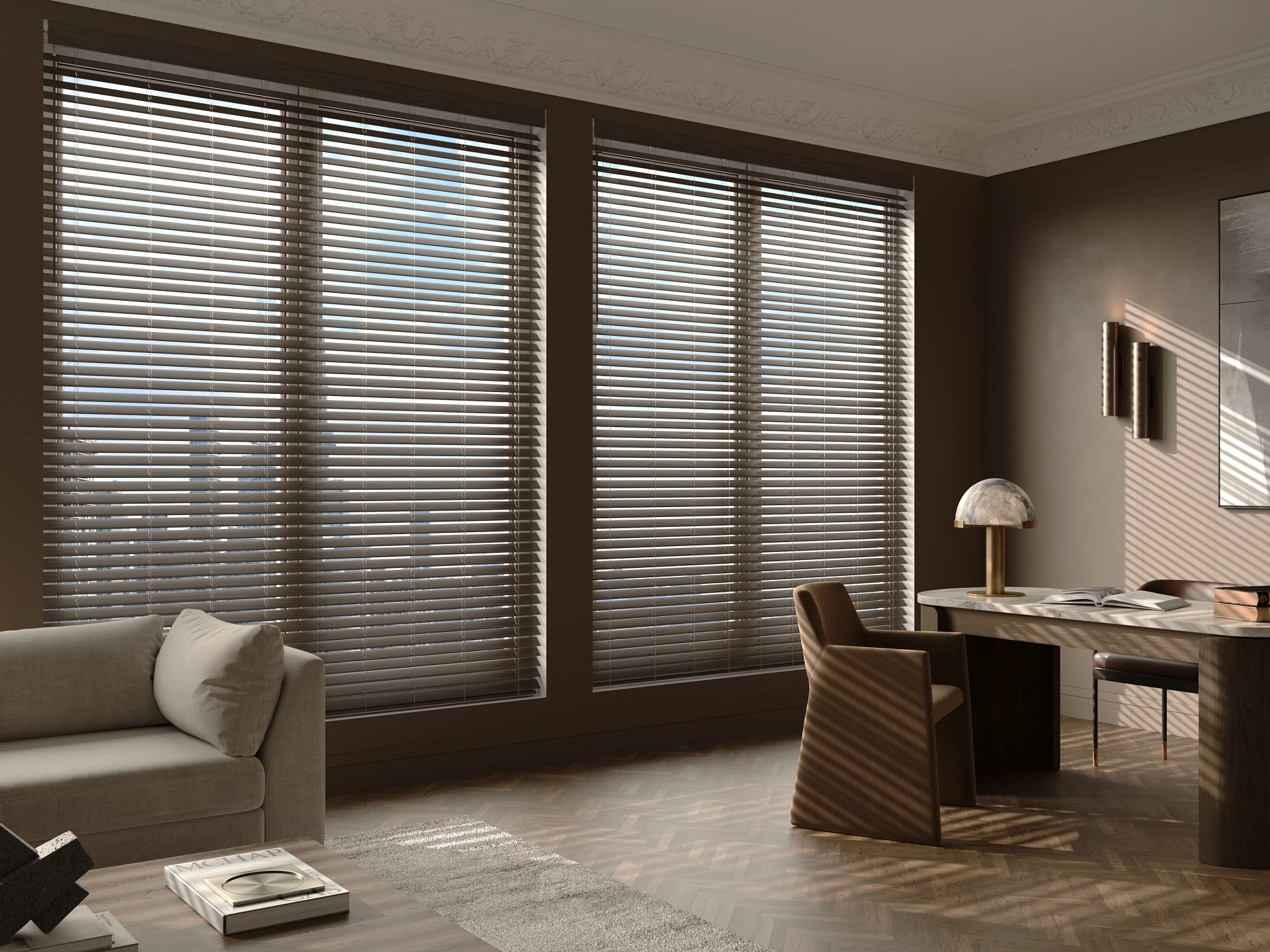 Graber faux-wood blinds in a neutral bedroom.