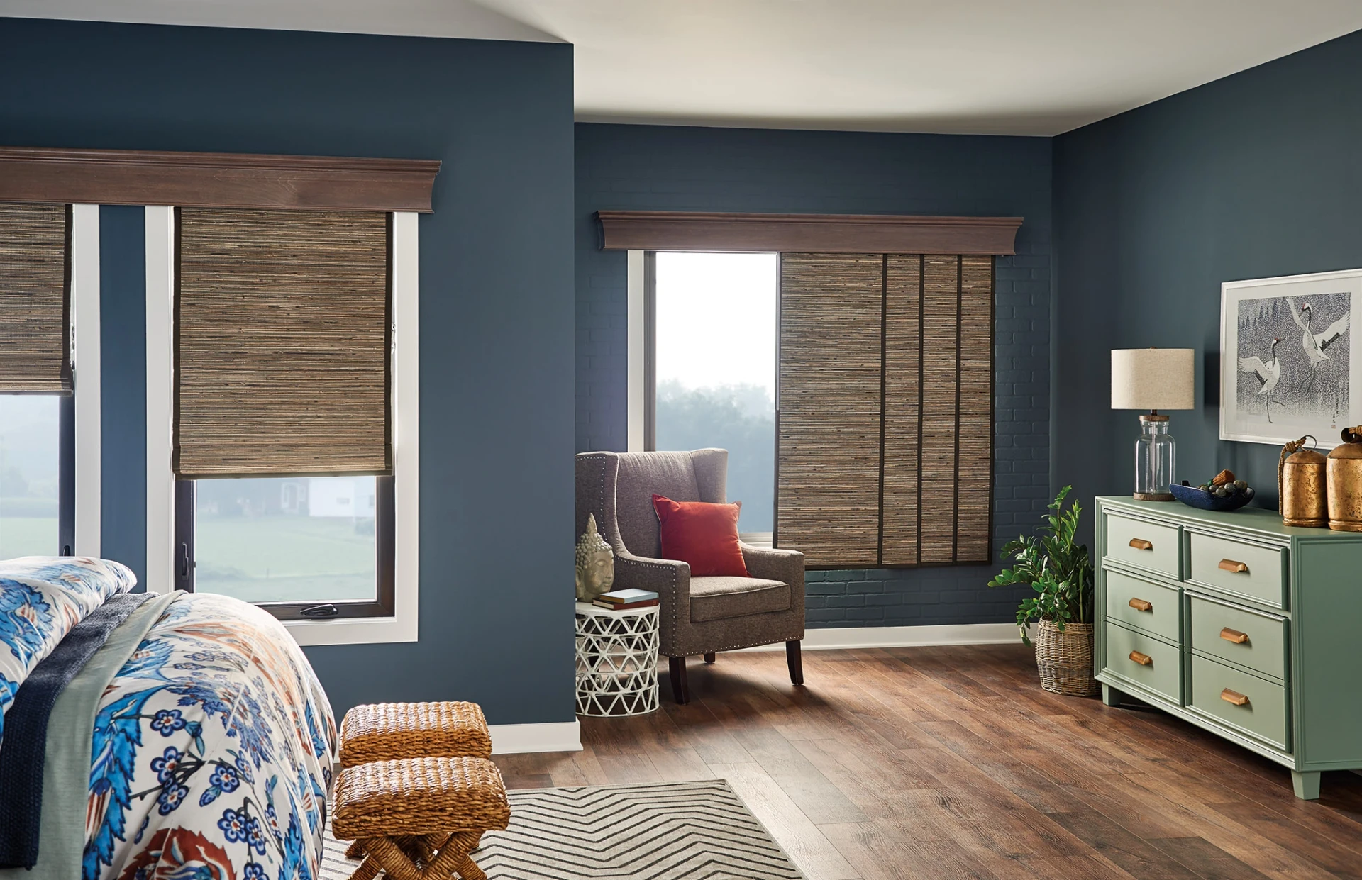 Graber Natural Woven Wood shades in a bedroom.