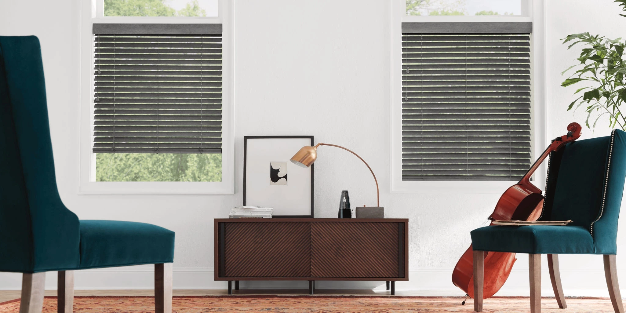Hunter Douglas Parkland® Wood Blinds at the window.